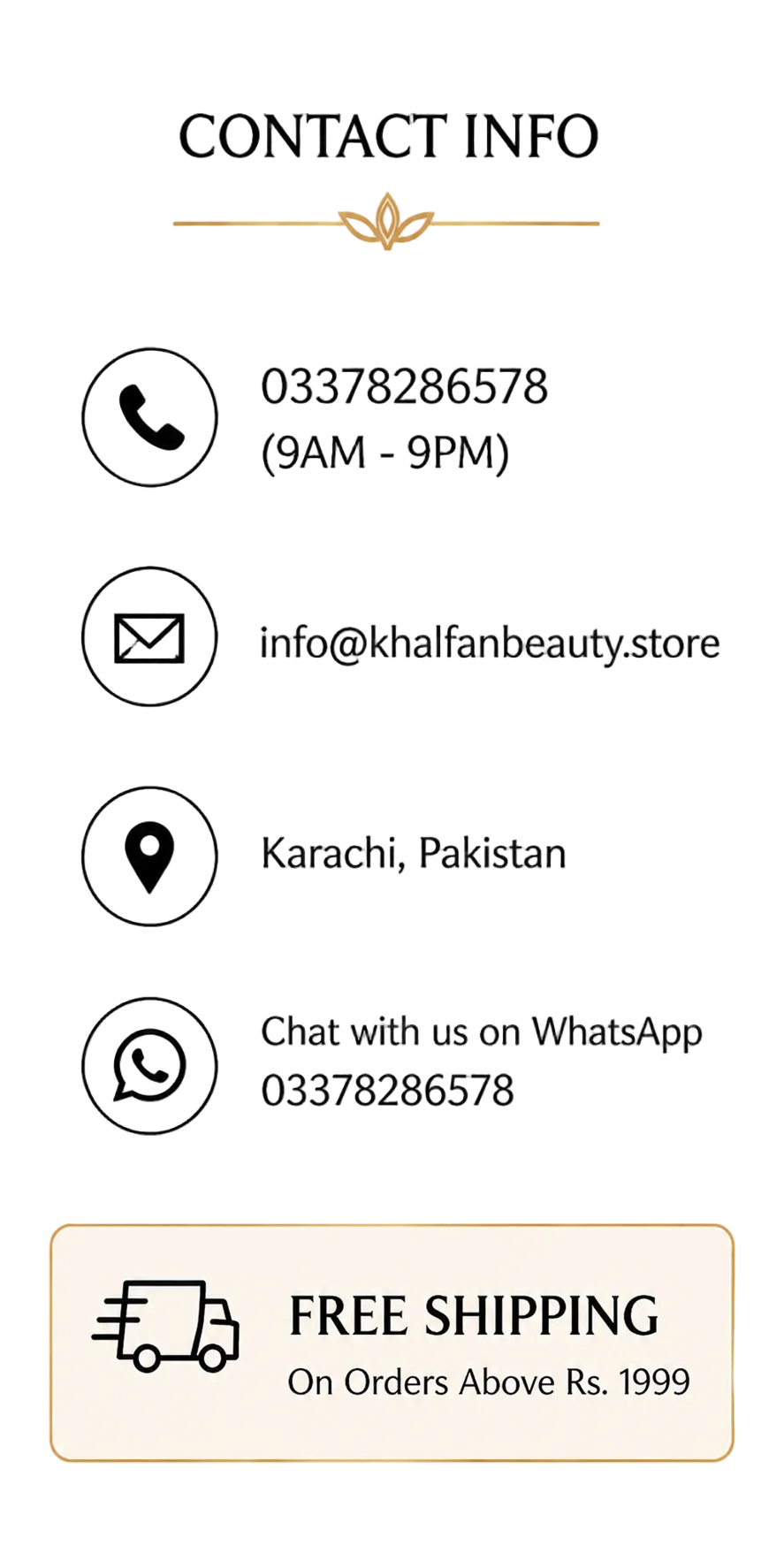 Contact information for a beauty store with phone number, email, address, and free shipping details.